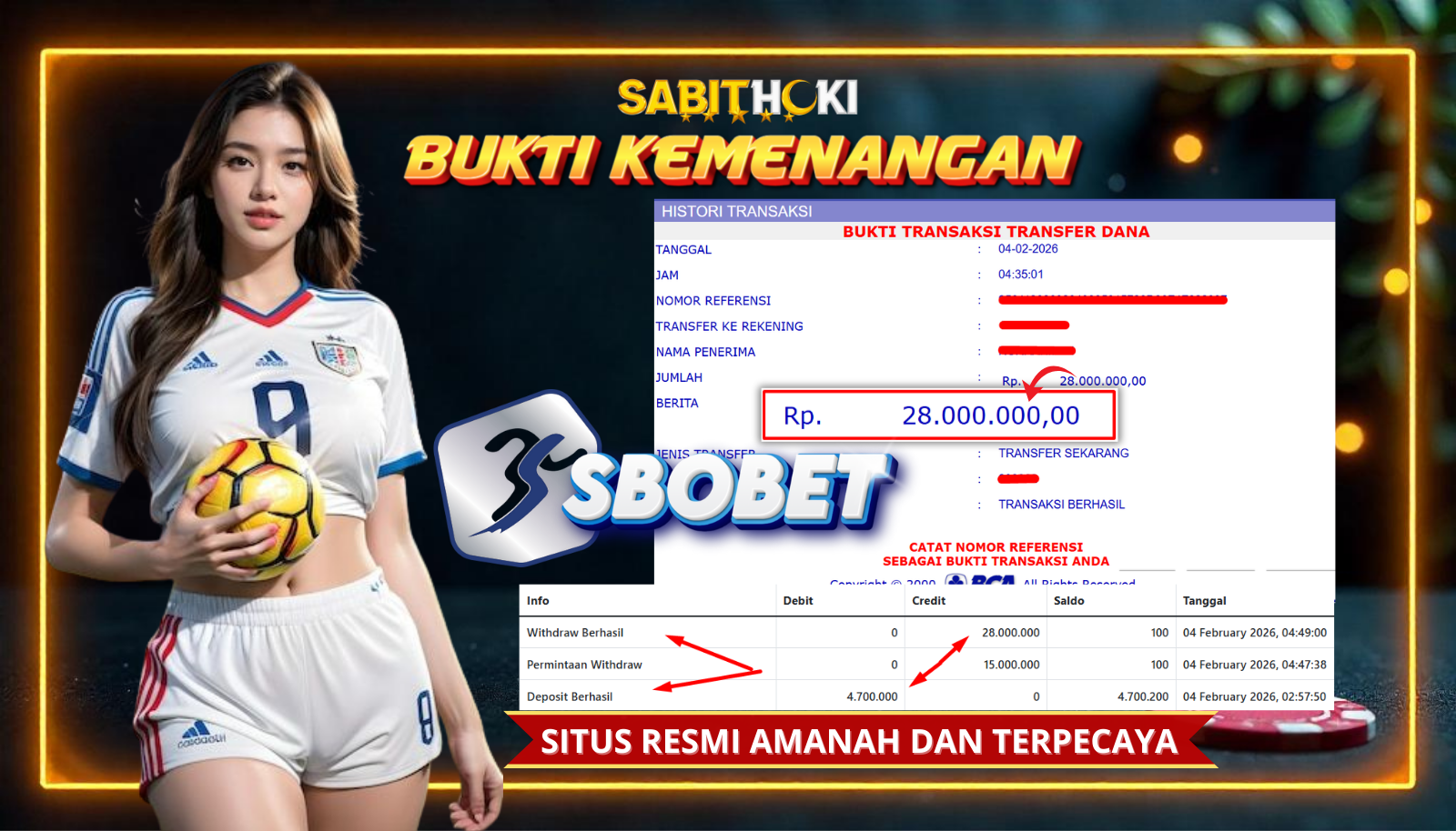 SELAMAT KEPADA MEMBER SETIA SABITHOKI BERHASIL JACKPOT DI PERMAINAN SBOBET BOLA